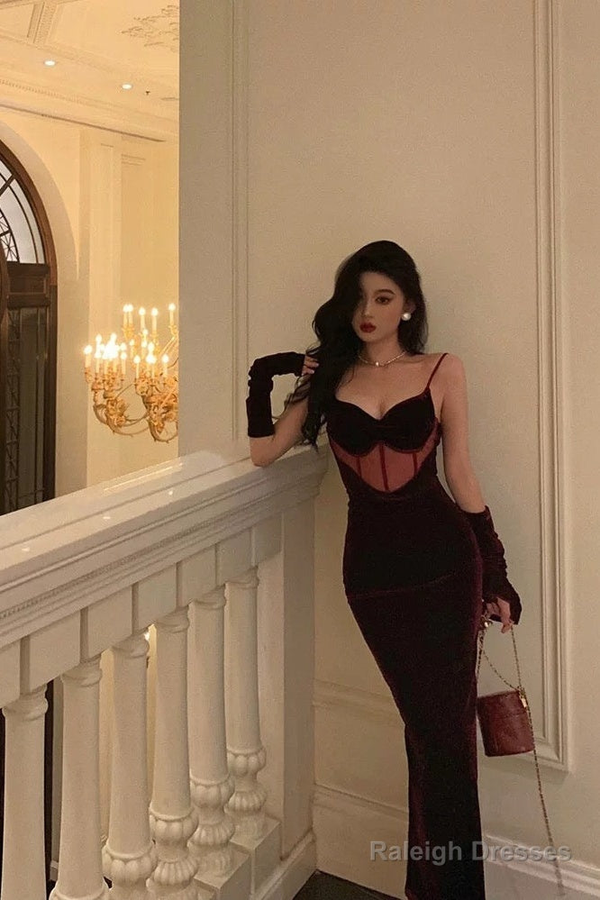 Classy Mermaid Spaghetti Straps Sleeveless Burgundy Velvet Prom Dress Birthday Outfits