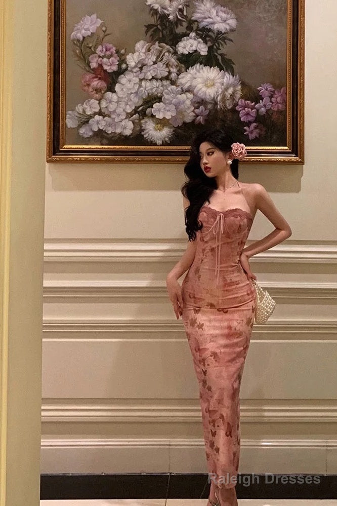 Classy Mermaid Spaghetti Straps Sleeveless Pink Floral Prom Dresses Birthday Outfits Secondary image