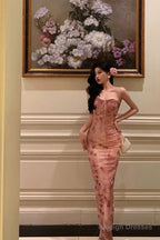 Classy Mermaid Spaghetti Straps Sleeveless Pink Floral Prom Dresses Birthday Outfits