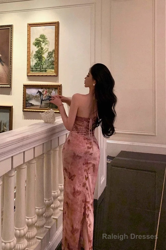 Classy Mermaid Spaghetti Straps Sleeveless Pink Floral Prom Dresses Birthday Outfits