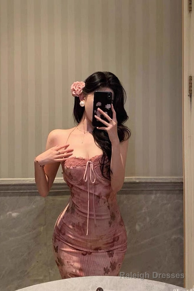 Classy Mermaid Spaghetti Straps Sleeveless Pink Floral Prom Dresses Birthday Outfits