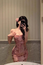 Classy Mermaid Spaghetti Straps Sleeveless Pink Floral Prom Dress Birthday Outfits