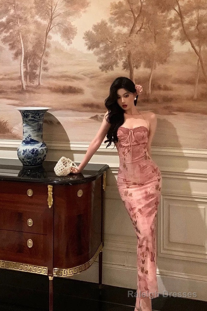 Classy Mermaid Spaghetti Straps Sleeveless Pink Floral Prom Dress Birthday Outfits Main image