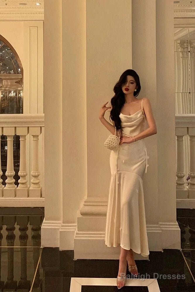 Classy Mermaid Spaghetti Straps White Floral Satin Prom Dress Birthday Outfits Prom Gowns