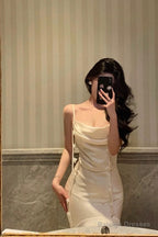 Classy Mermaid Spaghetti Straps White Floral Satin Prom Dresses Birthday Outfits Evening Gown