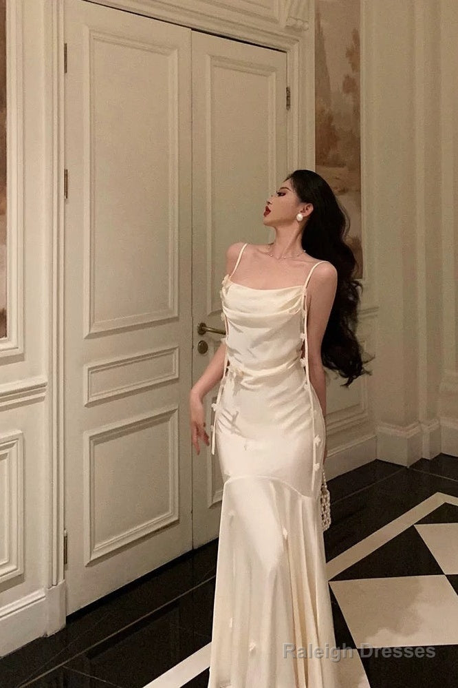 Classy Mermaid Spaghetti Straps White Floral Satin Prom Dresses Birthday Outfits Evening Gown