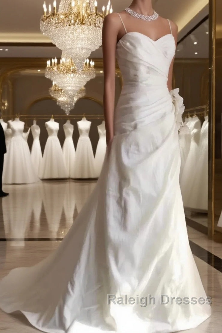 Classy Mermaid Spaghetti Straps White Satin Long Wedding Dresses Bridal Dress Main image