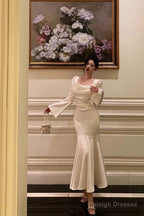 Classy Mermaid Square Neckline Long Sleeves Prom Dresses Birthday Outfits Evening Gown