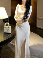 Classy Mermaid Square Neckline Long Sleeves Slit Prom Dresses Evening Gowns