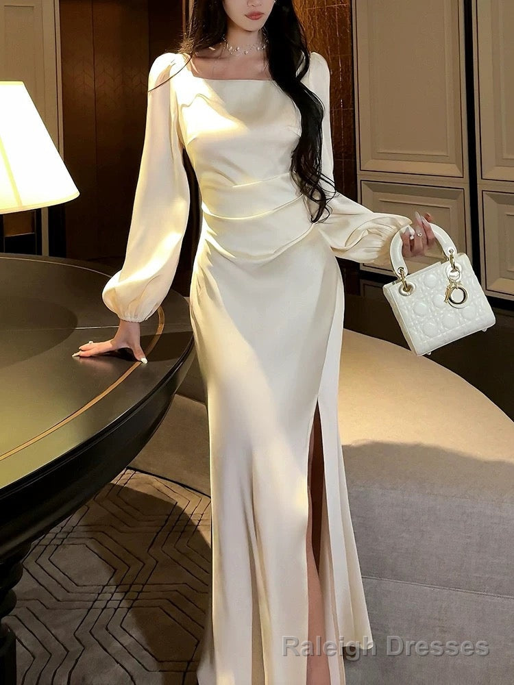 Classy Mermaid Square Neckline Long Sleeves Slit Prom Dresses Prom Gown