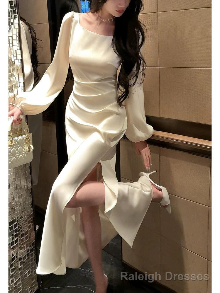 Classy Mermaid Square Neckline Long Sleeves Slit Prom Dresses Evening Gowns