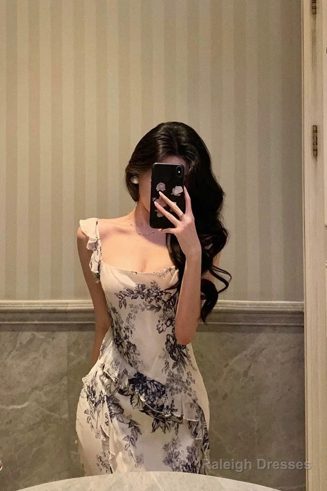 Classy Mermaid Square Neckline Ruffles Long Chiffon Slit Prom Dresses Birthday Outfits Evening Gown Secondary image