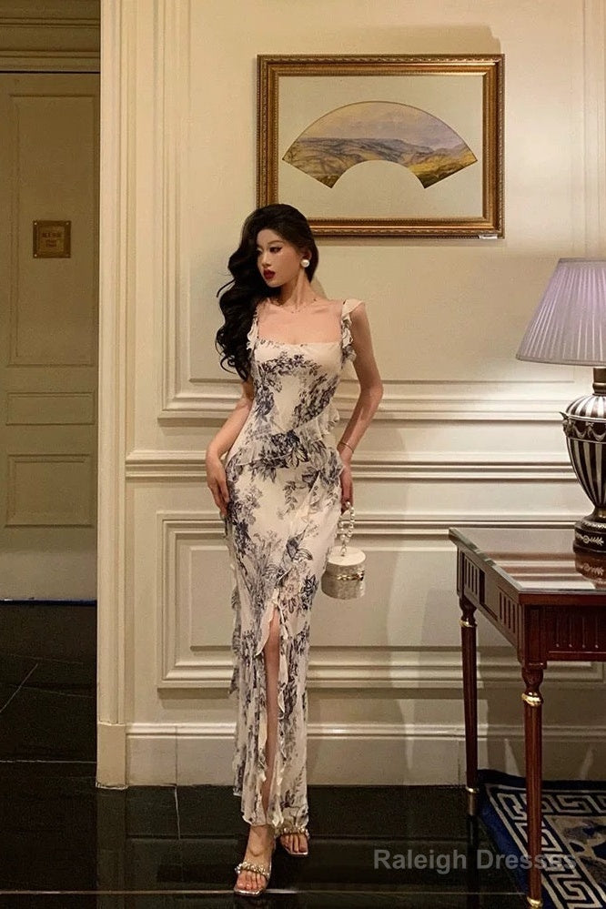 Classy Mermaid Square Neckline Ruffles Long Chiffon Slit Prom Dresses Birthday Outfits Evening Gown Main image