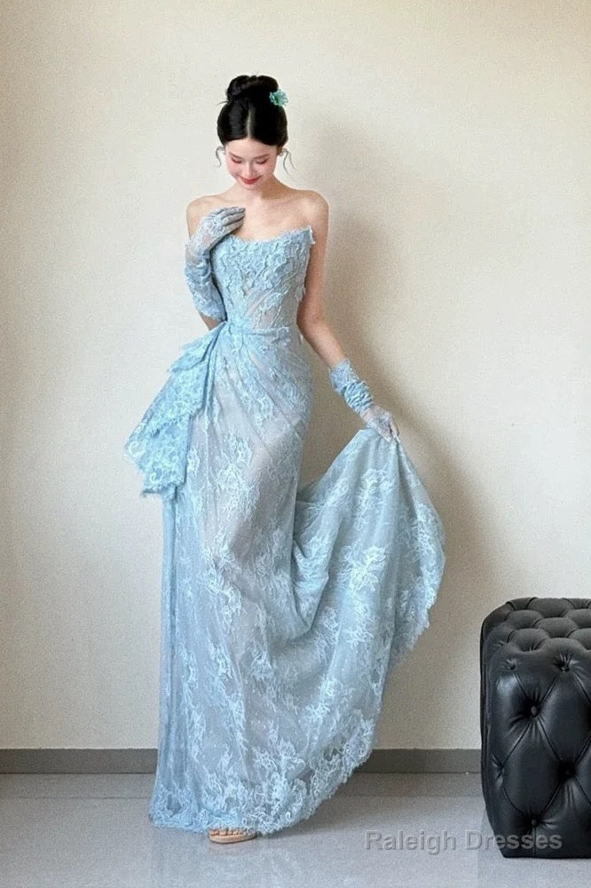 Classy Mermaid Strapless Lace Blue Long Evening Gowns Split Prom Dress Secondary image
