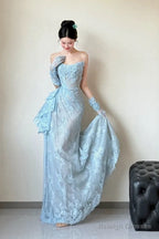Classy Mermaid Strapless Lace Blue Long Evening Gowns Split Prom Dress