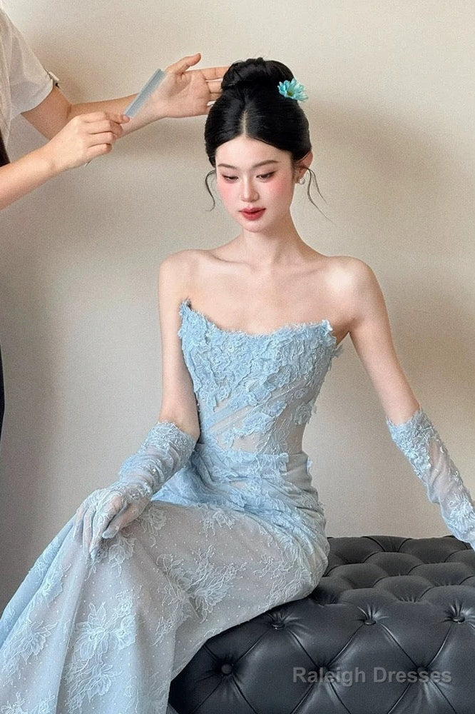 Classy Mermaid Strapless Lace Blue Long Prom Gown Split Prom Dresses