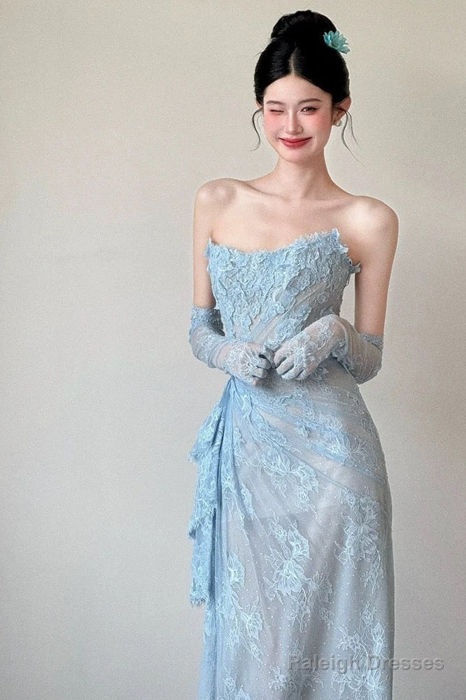 Classy Mermaid Strapless Lace Blue Long Evening Gowns Split Prom Dress