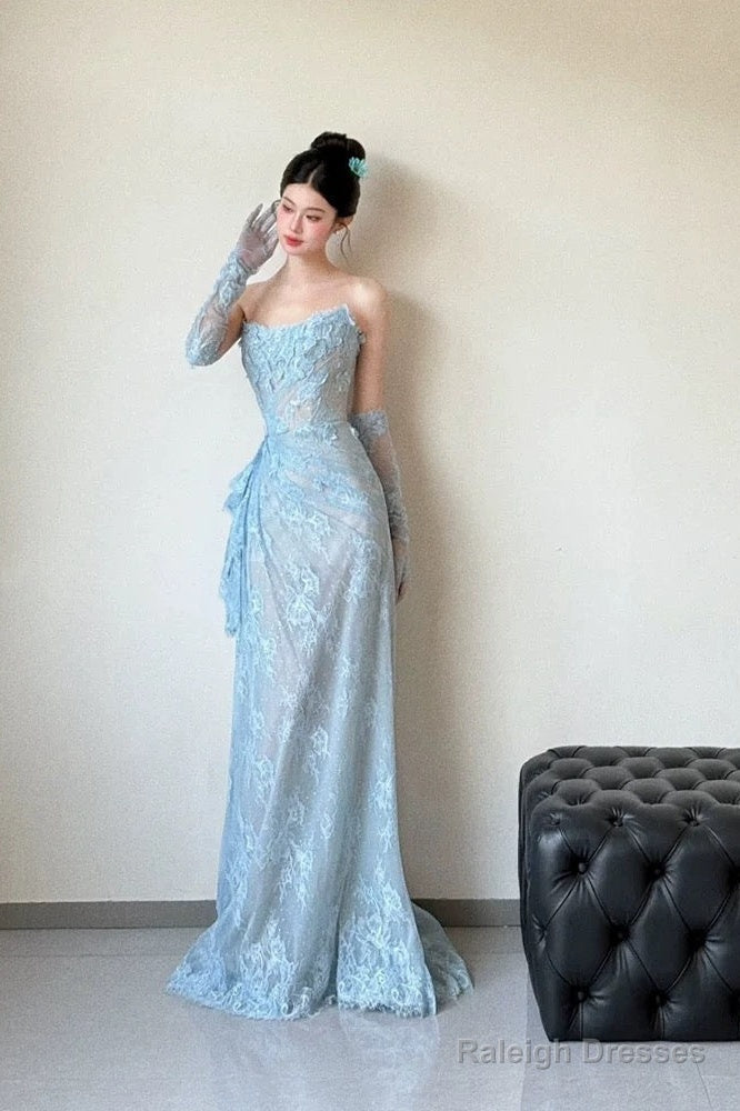 Classy Mermaid Strapless Lace Blue Long Evening Gowns Split Prom Dress