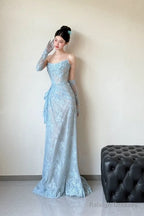 Classy Mermaid Strapless Lace Blue Long Prom Gown Split Prom Dresses