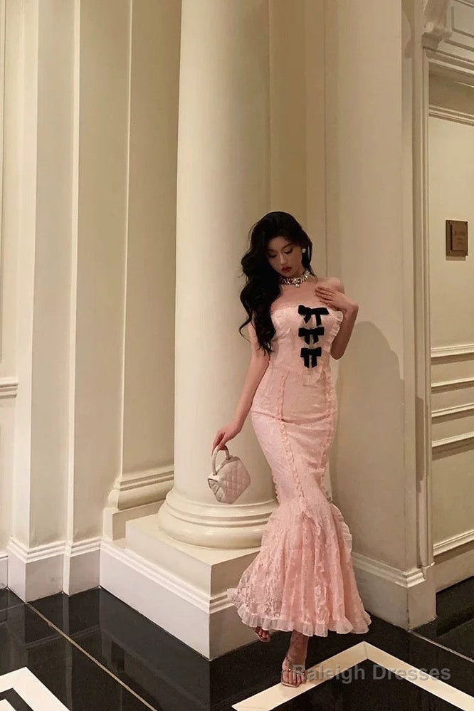 Classy Mermaid Strapless Lace Pink Prom Dresses Birthday Outfits Evening Gown