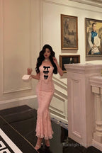 Classy Mermaid Strapless Lace Pink Prom Dresses Birthday Outfits Evening Gown