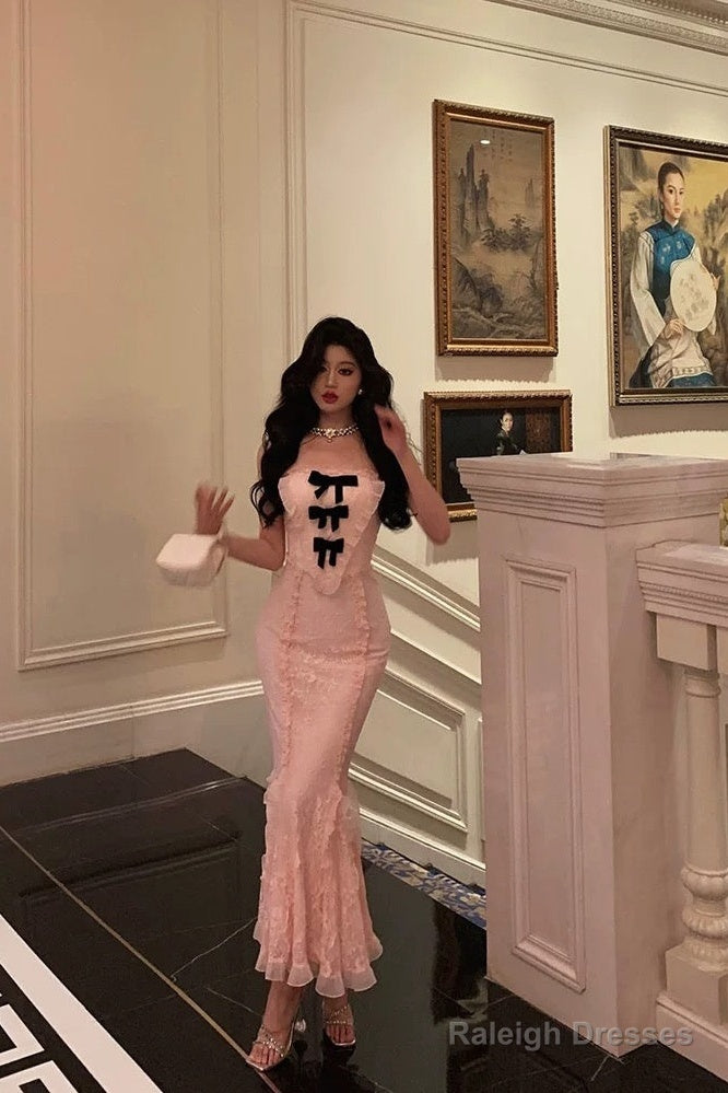 Classy Mermaid Strapless Lace Pink Prom Dresses Birthday Outfits Evening Gown