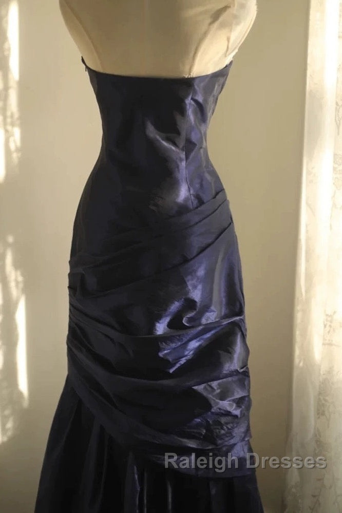 Classy Mermaid Strapless Navy Blue Organza Long Evening Gowns Prom Dress