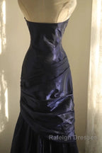Classy Mermaid Strapless Navy Blue Organza Long Prom Gowns Prom Dresses
