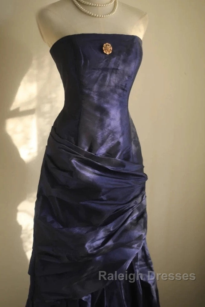 Classy Mermaid Strapless Navy Blue Organza Long Prom Gowns Prom Dresses