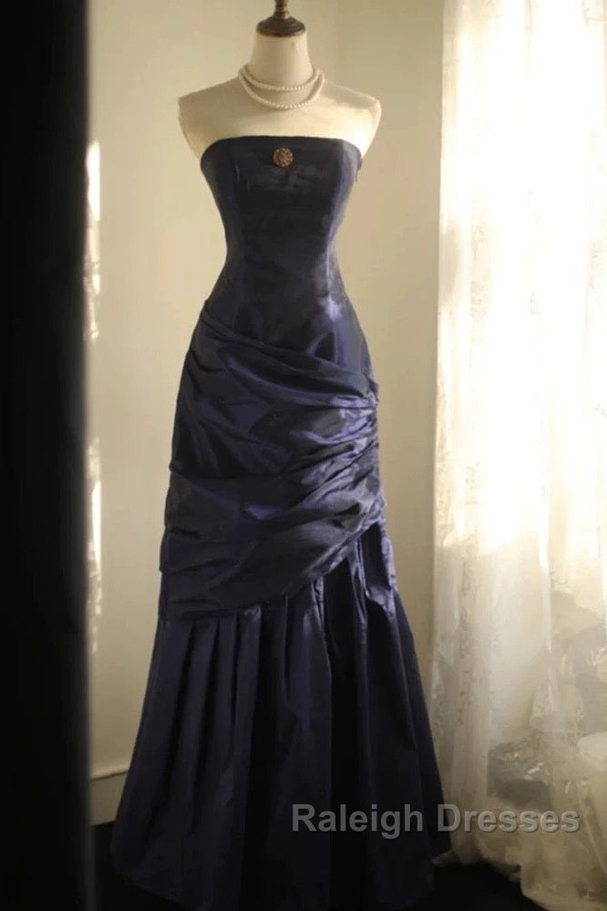 Classy Mermaid Strapless Navy Blue Organza Long Prom Gowns Prom Dresses