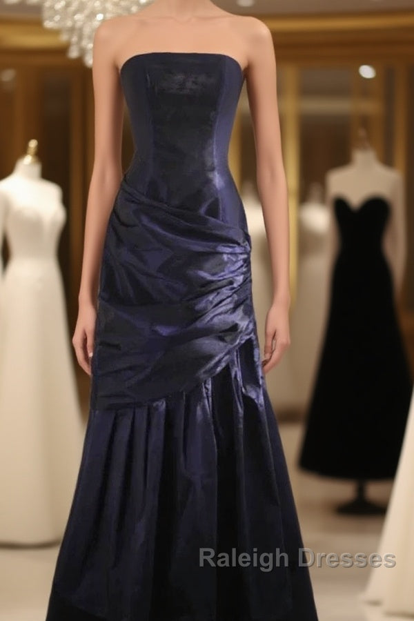 Classy Mermaid Strapless Navy Blue Organza Long Prom Gowns Prom Dresses Main image