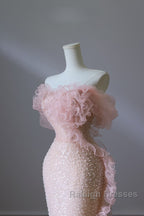 Classy Mermaid Strapless Pink Sequin Long Evening Dress Prom Dresses