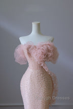 Classy Mermaid Strapless Pink Sequin Long Prom Dresses