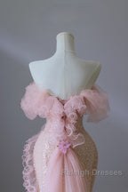 Classy Mermaid Strapless Pink Sequin Long Evening Dress Prom Dresses