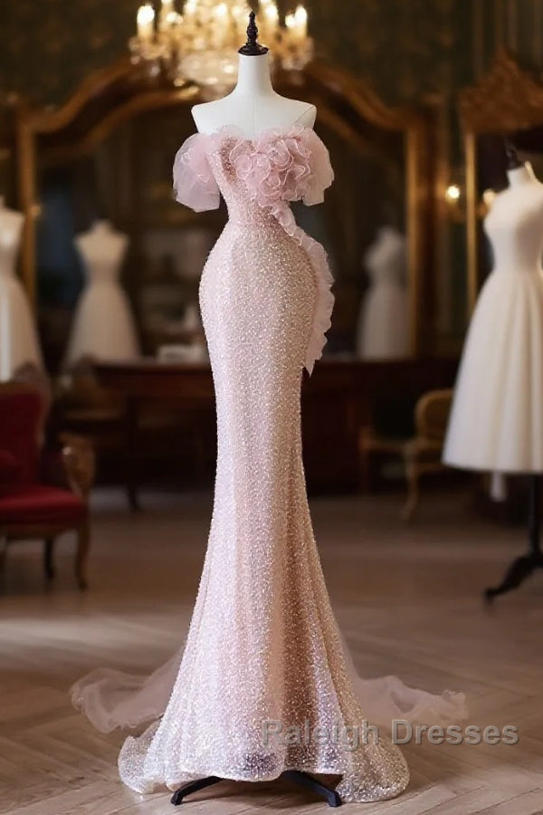 Classy Mermaid Strapless Pink Sequin Long Prom Dresses Main image