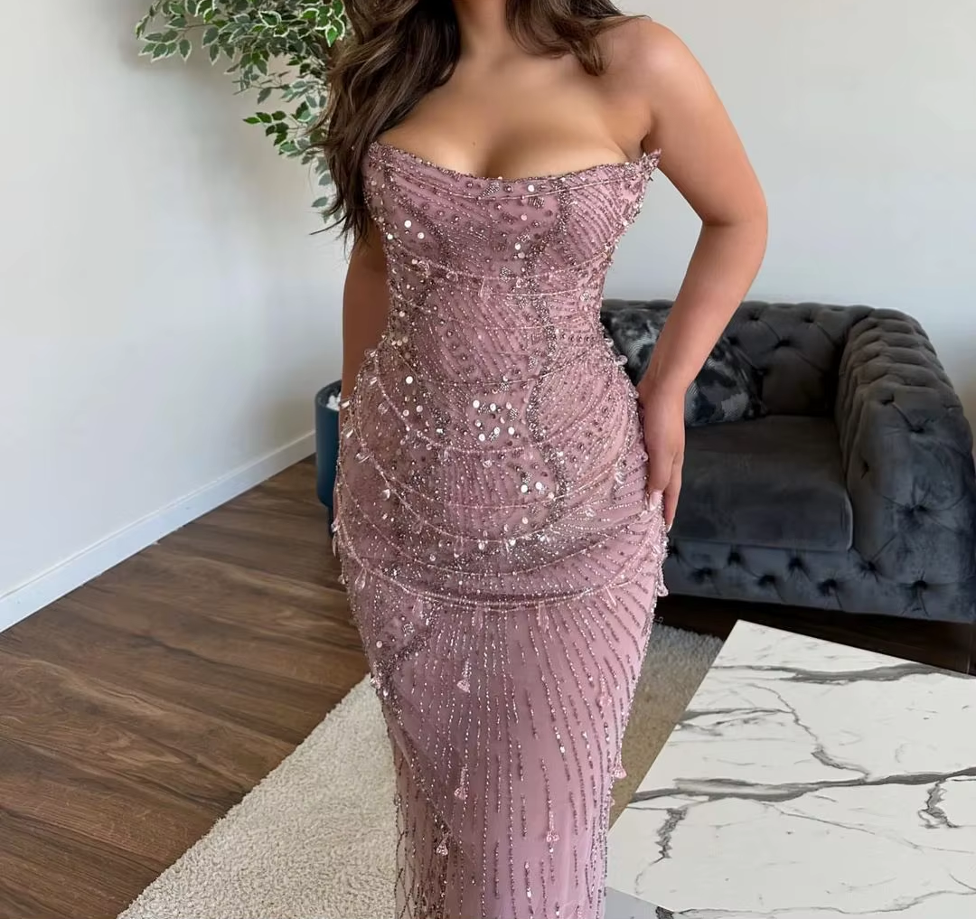 Classy Mermaid Strapless Tulle Pink Long Prom Dresses Prom Dress With Beads Secondary image