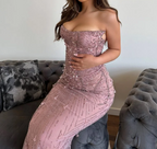 Classy Mermaid Strapless Tulle Pink Long Prom Dresses Prom Dress With Beads