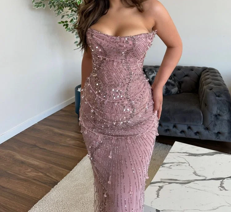 Classy Mermaid Strapless Tulle Pink Long Prom Dresses Prom Dress With Beads