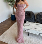 Classy Mermaid Strapless Tulle Pink Long Prom Dresses Prom Dress With Beads
