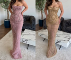 Classy Mermaid Strapless Tulle Pink Long Prom Dresses Prom Dress With Beads