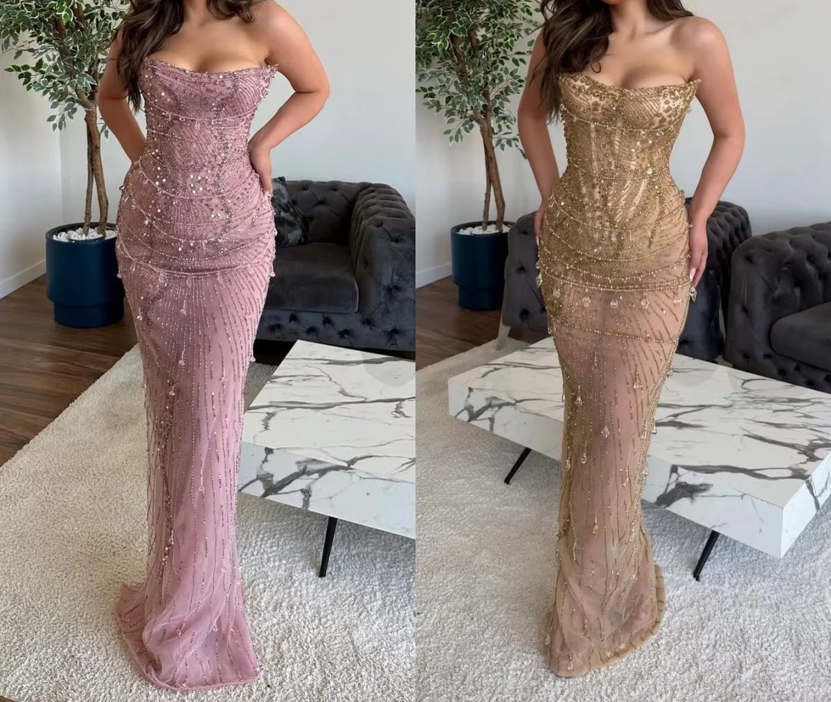 Classy Mermaid Strapless Tulle Pink Long Prom Dresses Prom Dress With Beads