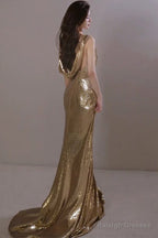 Classy Mermaid Straps Gold Sequin Long Evening Gowns Prom Dress