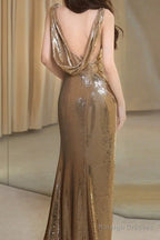 Classy Mermaid Straps Gold Sequin Long Prom Gown Prom Dresses