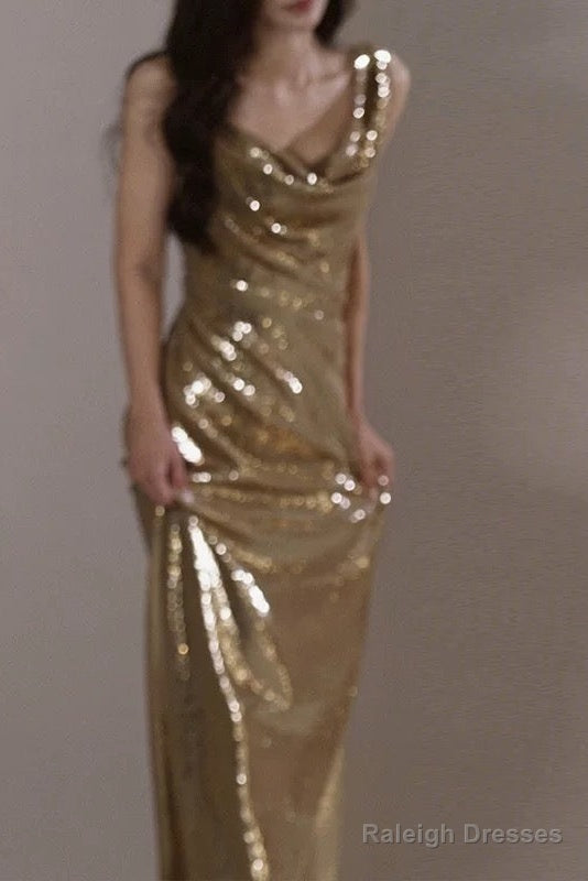 Classy Mermaid Straps Gold Sequin Long Prom Gown Prom Dresses Main image
