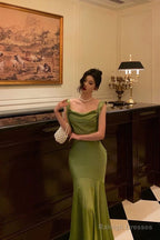 Classy Mermaid Straps Green Satin Prom Dress Birthday Outfits