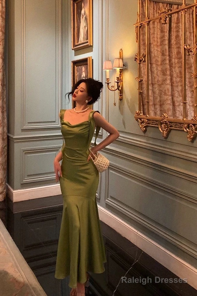 Classy Mermaid Straps Green Satin Prom Dress Birthday Outfits