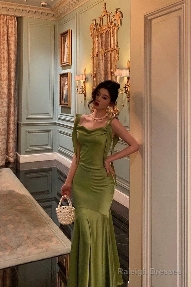 Classy Mermaid Straps Green Satin Prom Dress Birthday Outfits