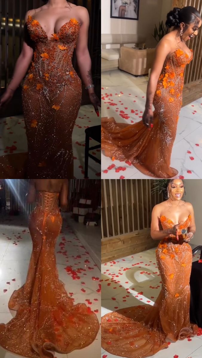 Classy Mermaid Sweetheart Orange Tulle Sequin Prom Gown Long Prom Dresses Main image