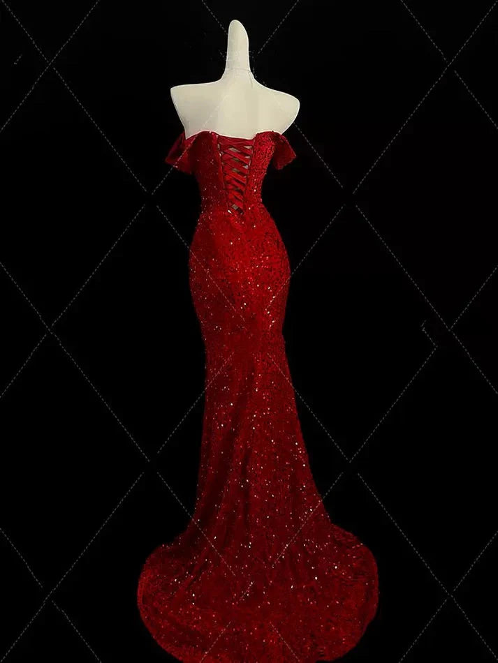 Classy Mermaid Sweetheart Red Slit Sequin Long Evening Gowns Prom Dress Secondary image