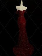 Classy Mermaid Sweetheart Red Slit Sequin Long Evening Gowns Prom Dress